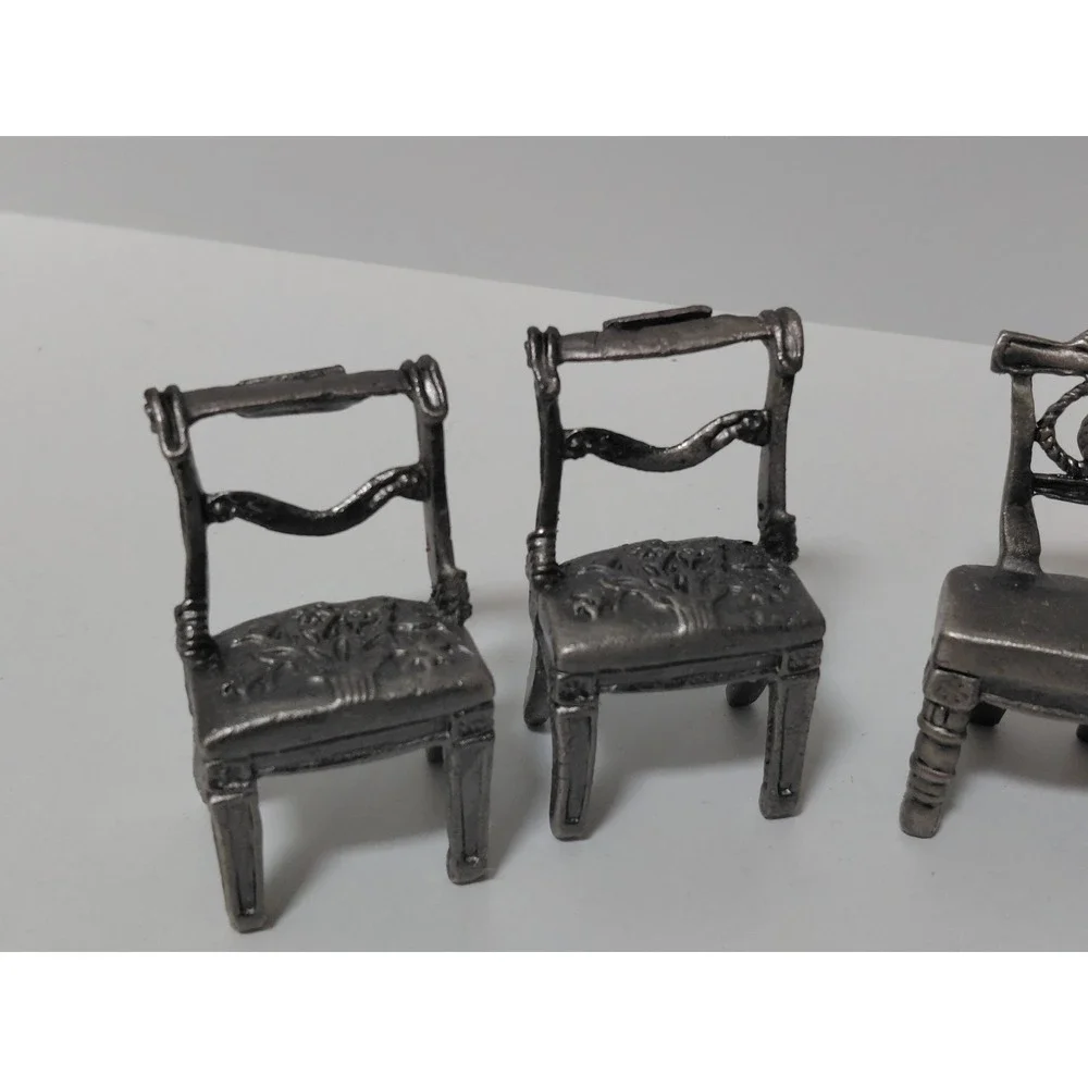 Vintage Miniature Pewter Chairs Set of 8 Victorian Dollhouse Furniture Six Trees